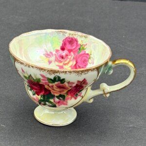 VTG‎ Tea Cup Rose Floral Porcelain Gold Trim Iridescent Finish Cottagecore Fairy